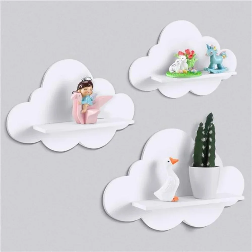 Set of 3 White Cloud Floating Shelves Wall Mounted Nursery Bedroom Bathroom Deco